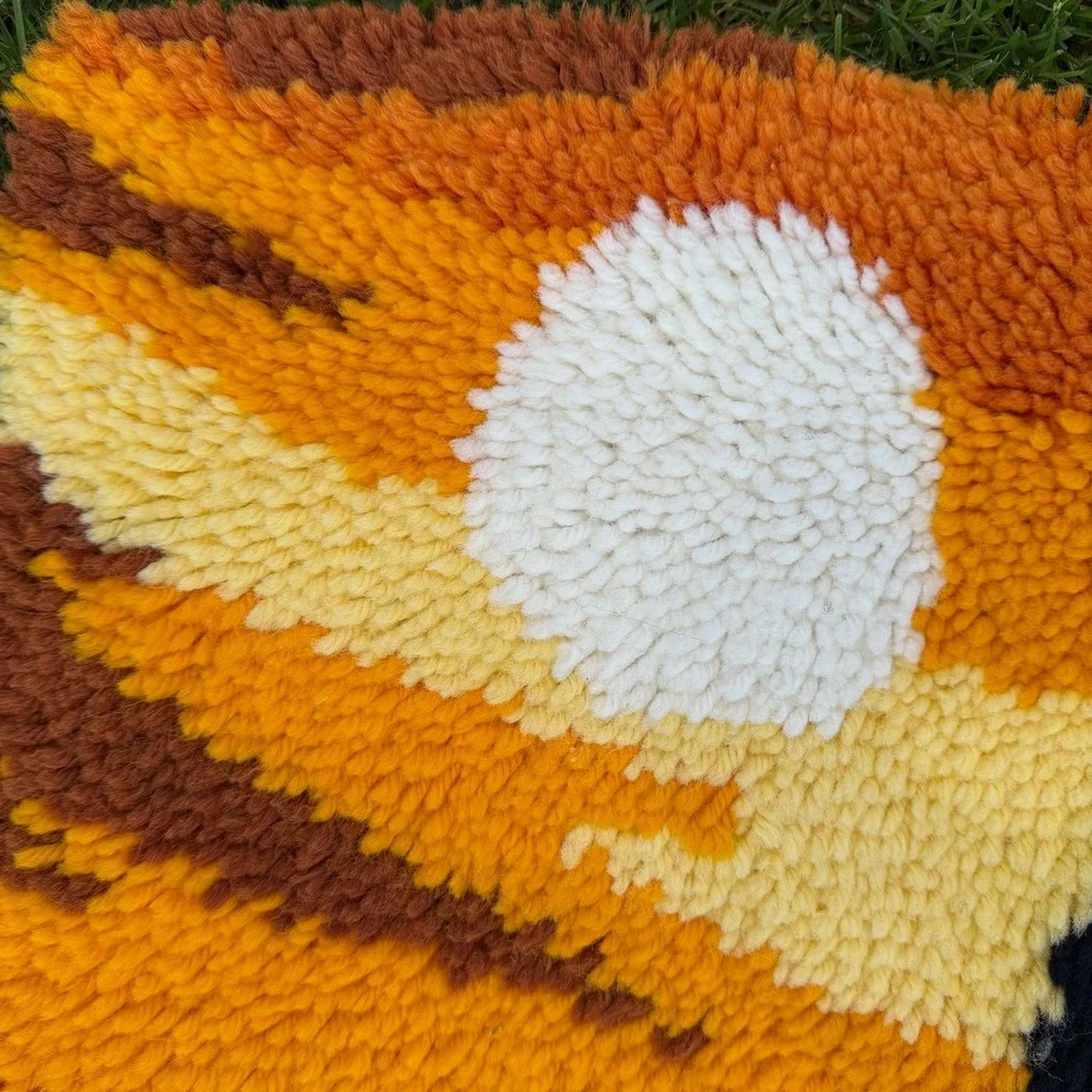 Vintage Latch Hook Rug 35x24 Orange Sailboat Sunset Retro 70s Wall Hanging